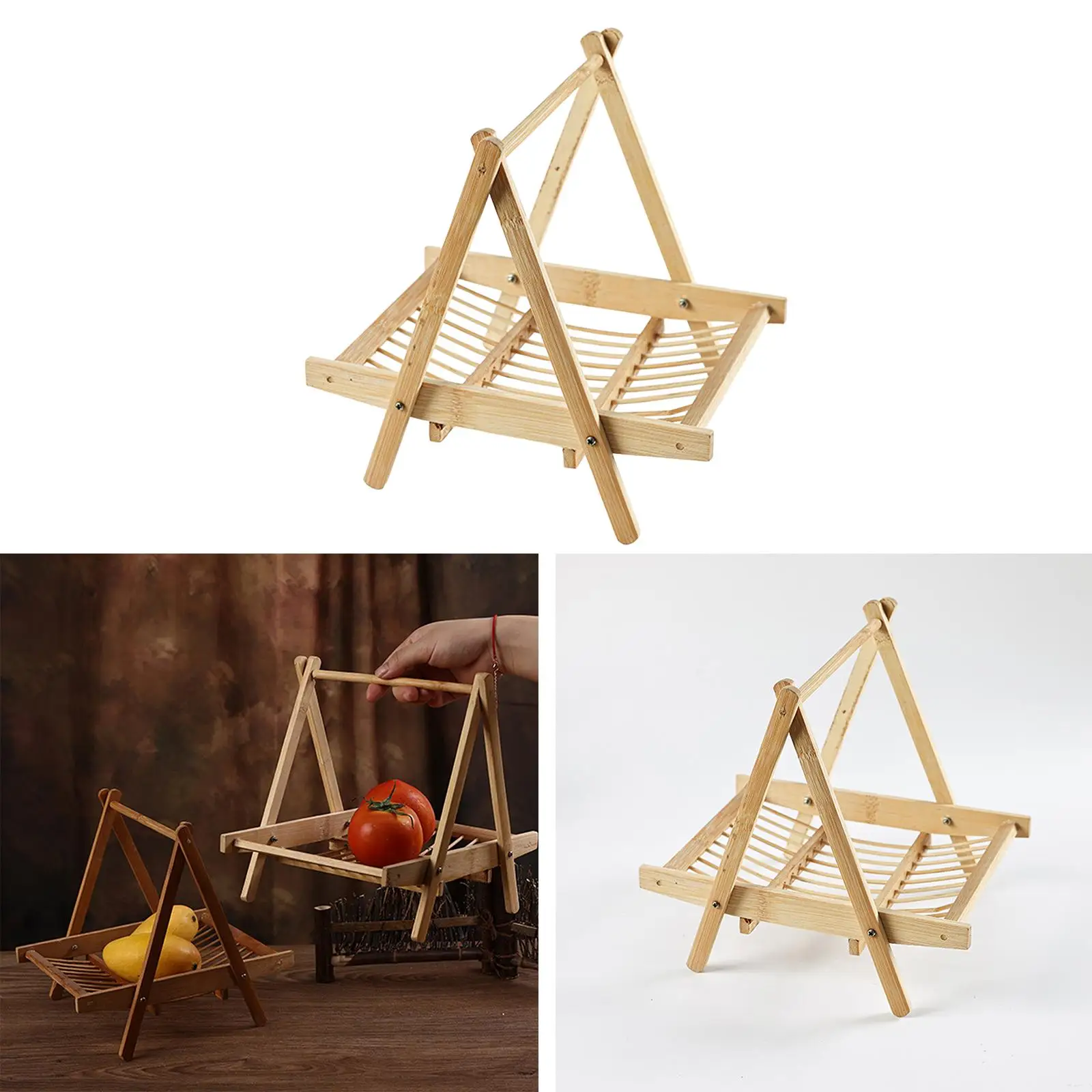 Bamboo Fruit Basket with Handle Multipurpose Fruit Holder Foldable Rack for Office Restaurant Kitchen Dining Room Mutton