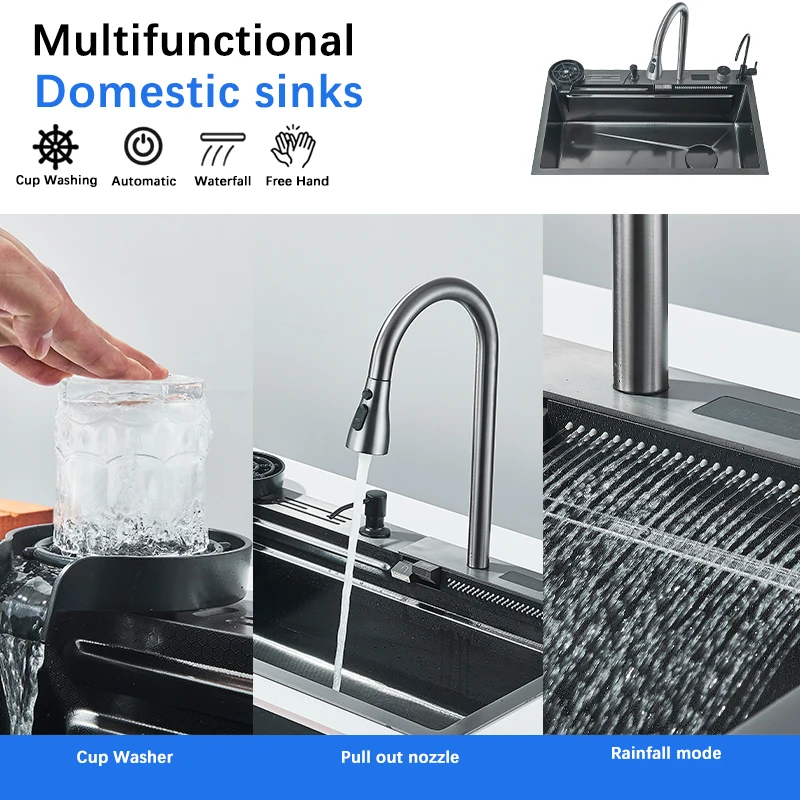 Stainless Steel Kitchen Sink Digital Display Large Kitchen Sink Faucet Set With Soap Dispenser Cup Washer 4