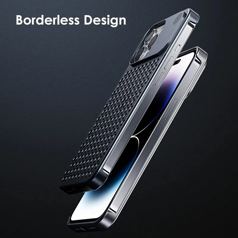 All-Metal Cooling Hollow Phone Case For iPhone 13 12 14 15 ProMax Plus Heat Dissipation Anti-scratch Honeycomb Shockproof Cover