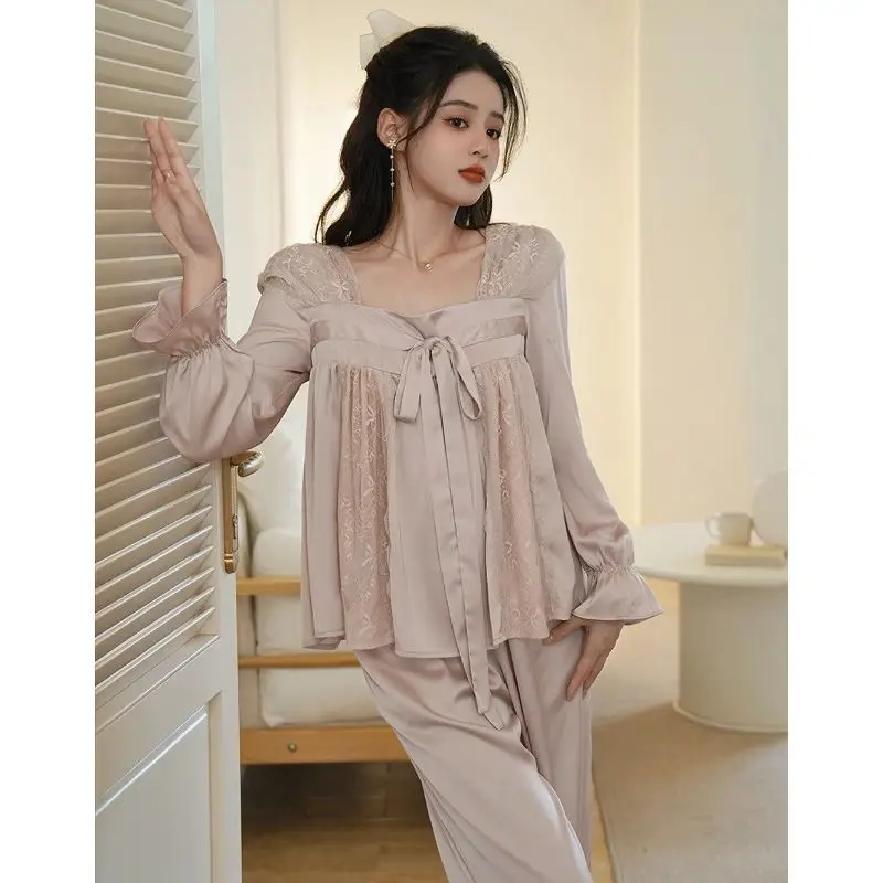 

Court Style Pajamas Women Ice Silk Long Sleeve Spring Autumn New Square Collar Lace Edge Can Worn Out Senior Sense Home Wear