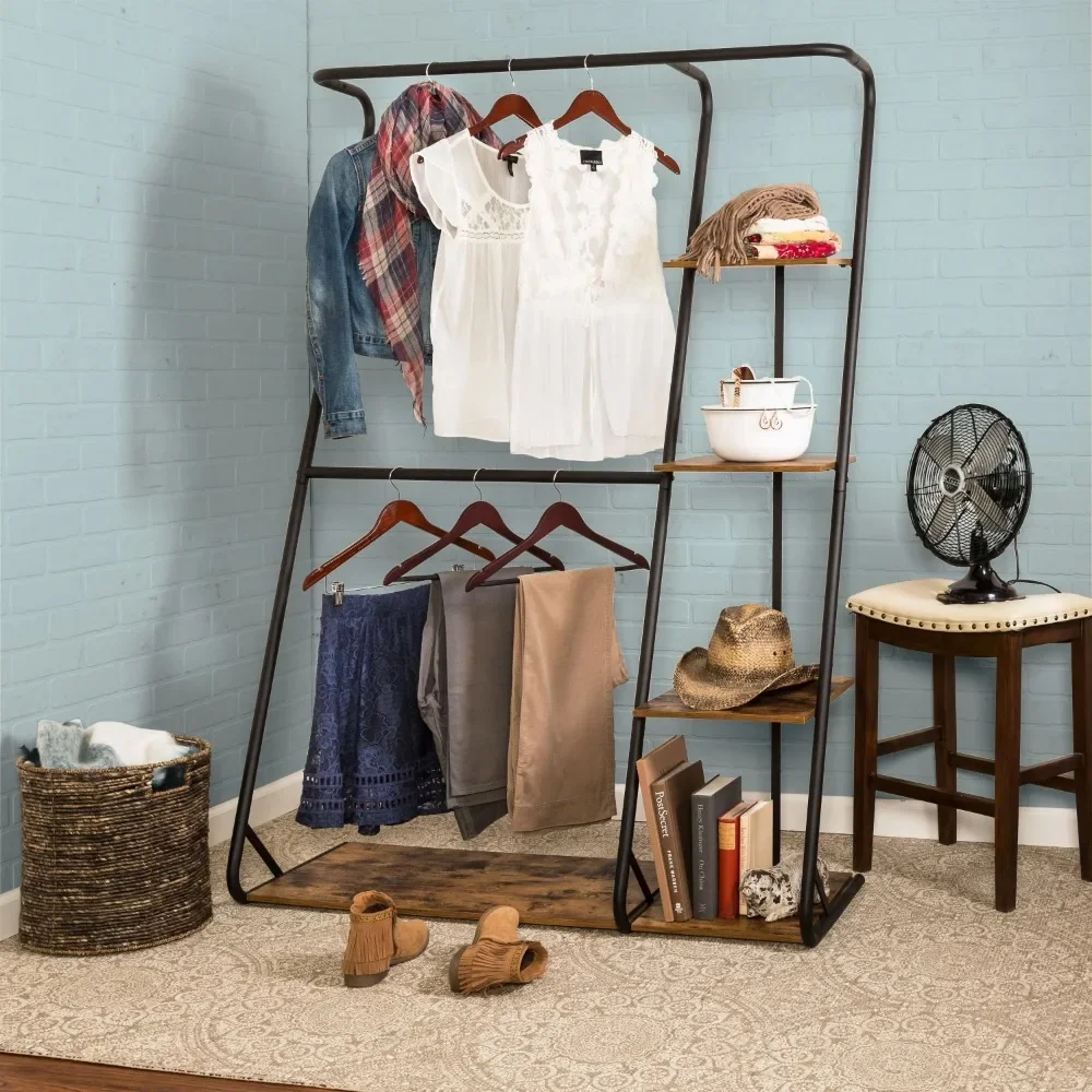 

Multiple Pants Hanger Black/Rustic Brown Portable Clothes Hanger Steel and Frame Double Rod Wardrobe With 4 Shelves Hangers Home