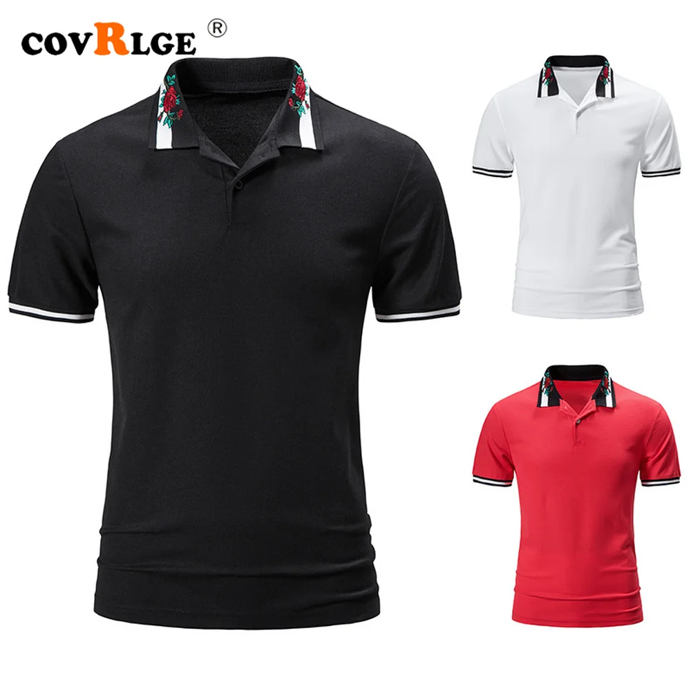 Covrlge Trend Lapel Rose Embroidery Polo Shirt For Men Summer Short