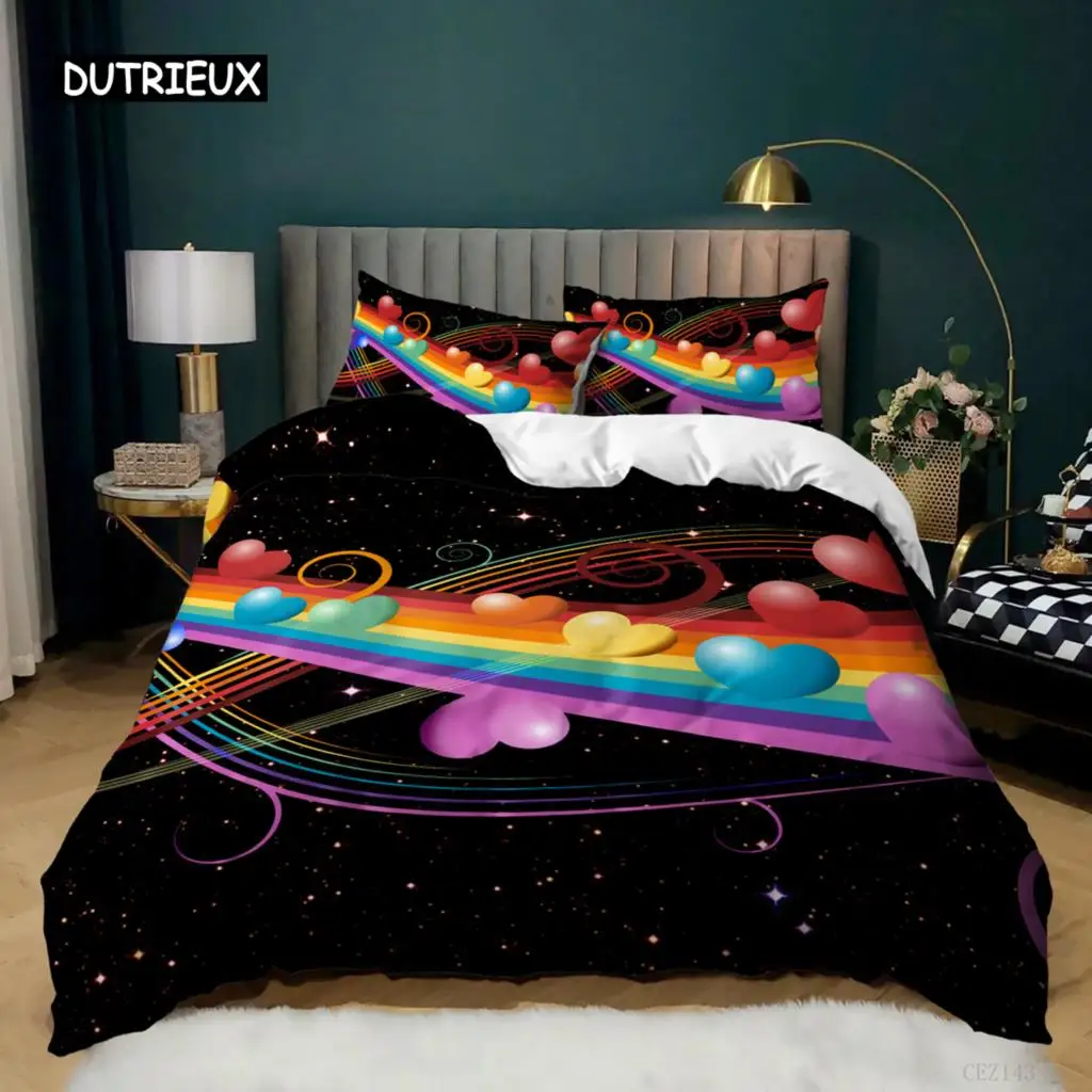 

Rainbow Duvet Cover Set King Iridescent Love Heart Sheet Music Twin Bedding Set for Girls Microfiber Trippy Tie Dye Quilt Cover