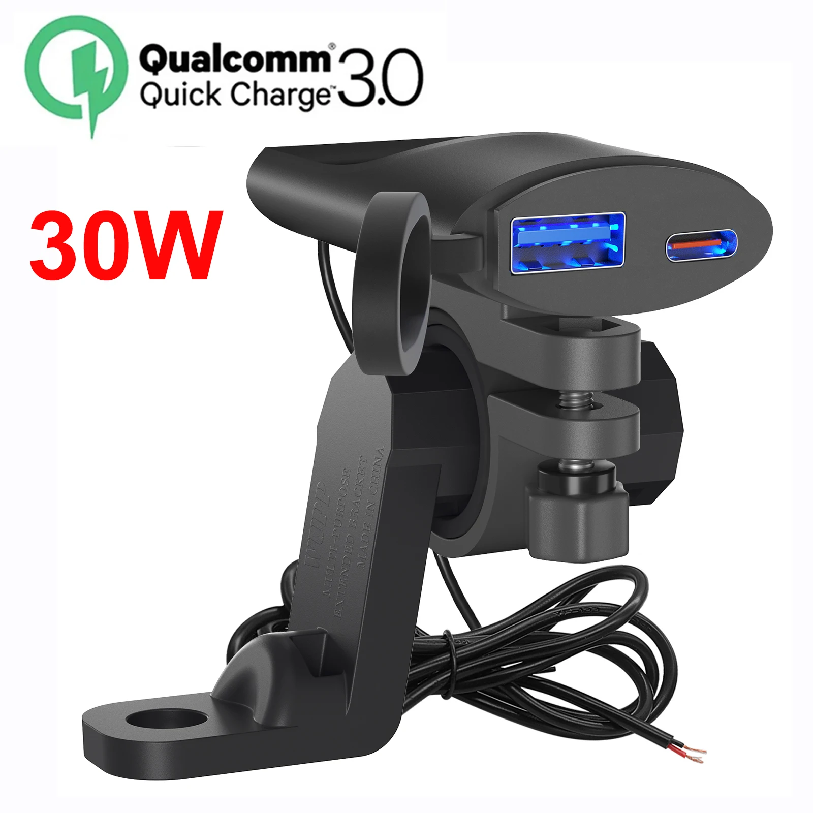 

QC3.0 Motorcycle USB Charger 30W USB-C Charger IP67 Waterproof GPS Handlebar Mounting Bracket Charger for Moto Phone Charger