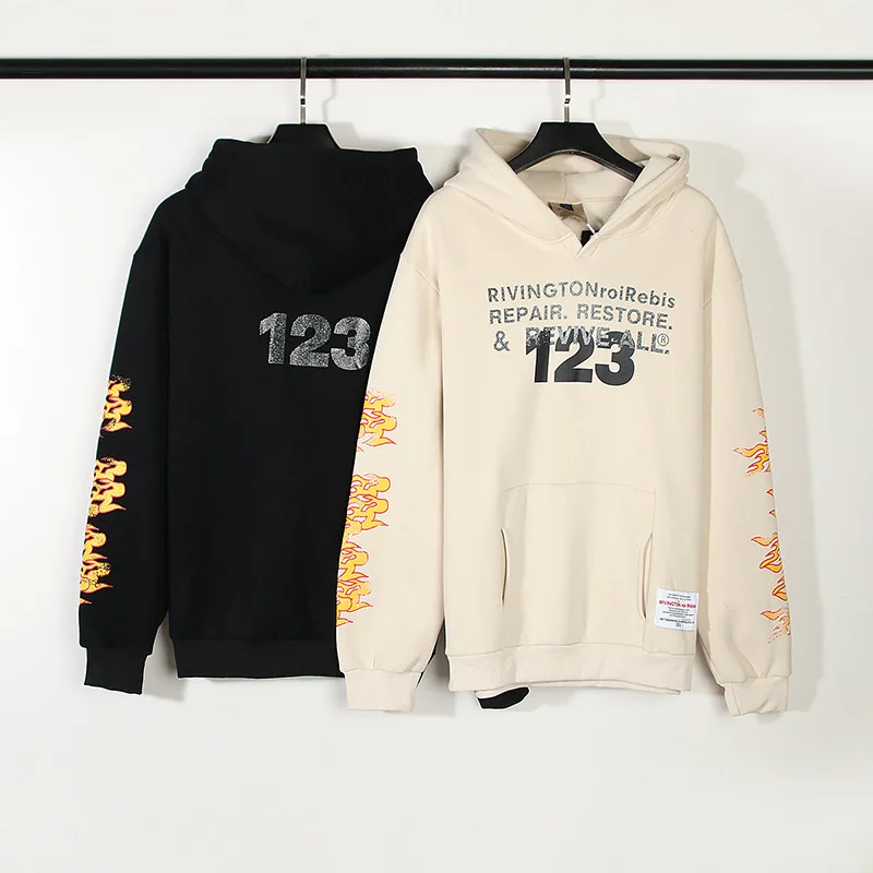 

Streetwear Hip Hop Flame Letter Printing Hooded Sweatshirts Trendy Vintage Loose Couple Pullover Hoodie Men's Casual Cotton Tops