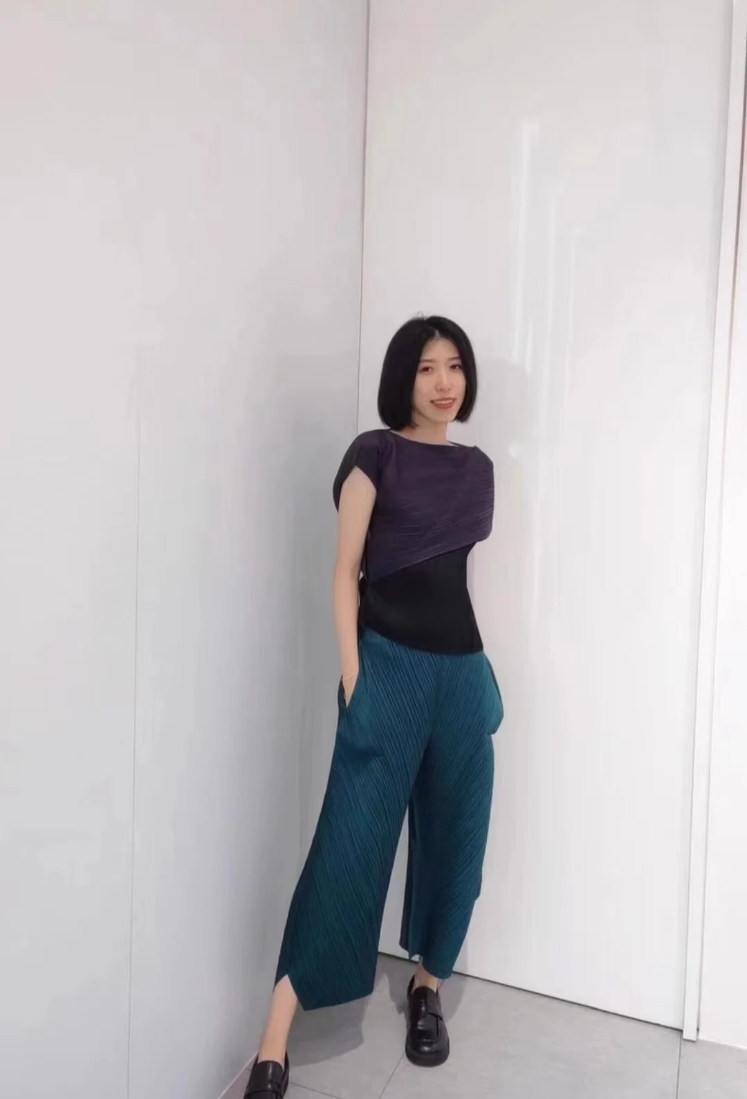 Miyake Pleated Two Piece Tops Women Pleats Please 2023 Autumn New Irregular Crane Orchid Shaped Top Solid Color Casual T-shirt 4