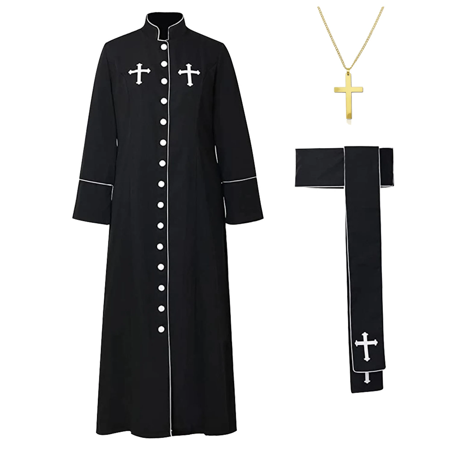 thumbnail image 1 of Disfraz de sacerdote para hombre, túnica de pastor, sotana romana con cinturón de cuello alto y collar con cruz, traje de uniforme para fiesta de carnaval de Halloween, 1 of 5