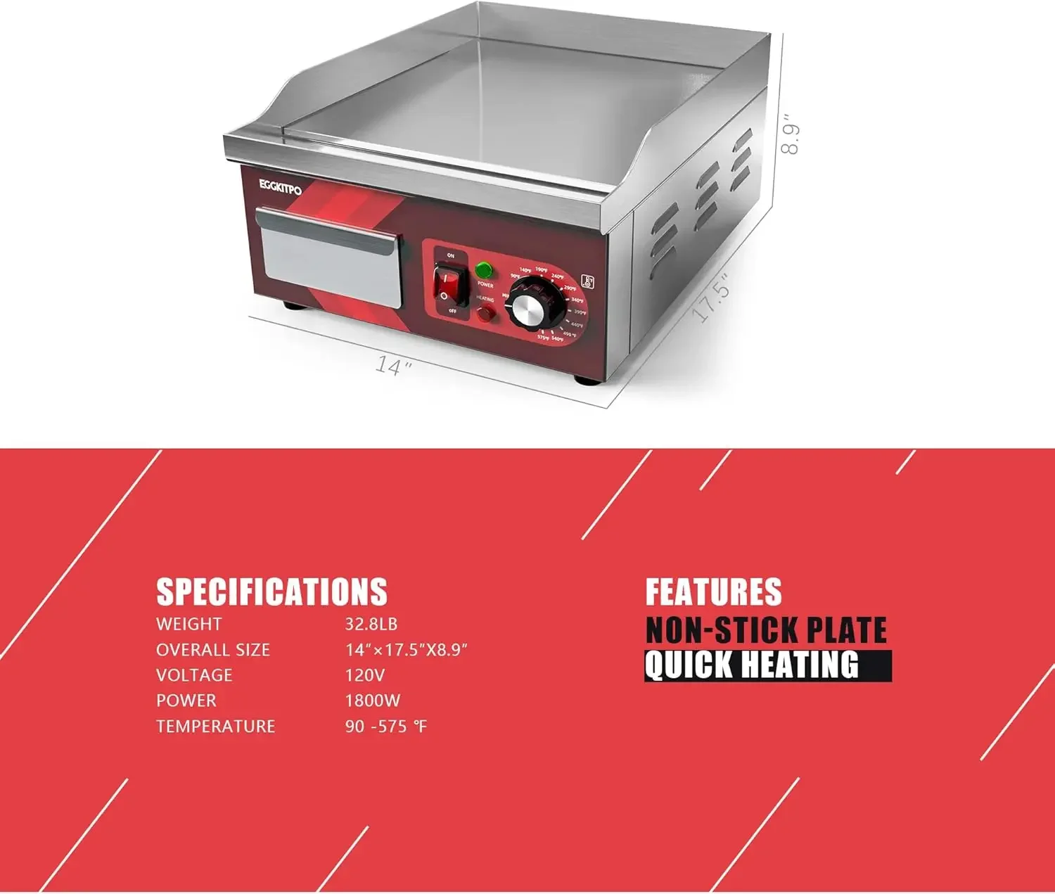 Electric Griddle, Non-Stick Flat Top Grill Commercial Electric Countertop Griddles Stainless Steel Adjustable Temperature Contro 6