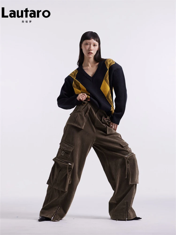 Lautaro-Faux Leather Cargo Pants for Women, Loose Cool Suede Pants