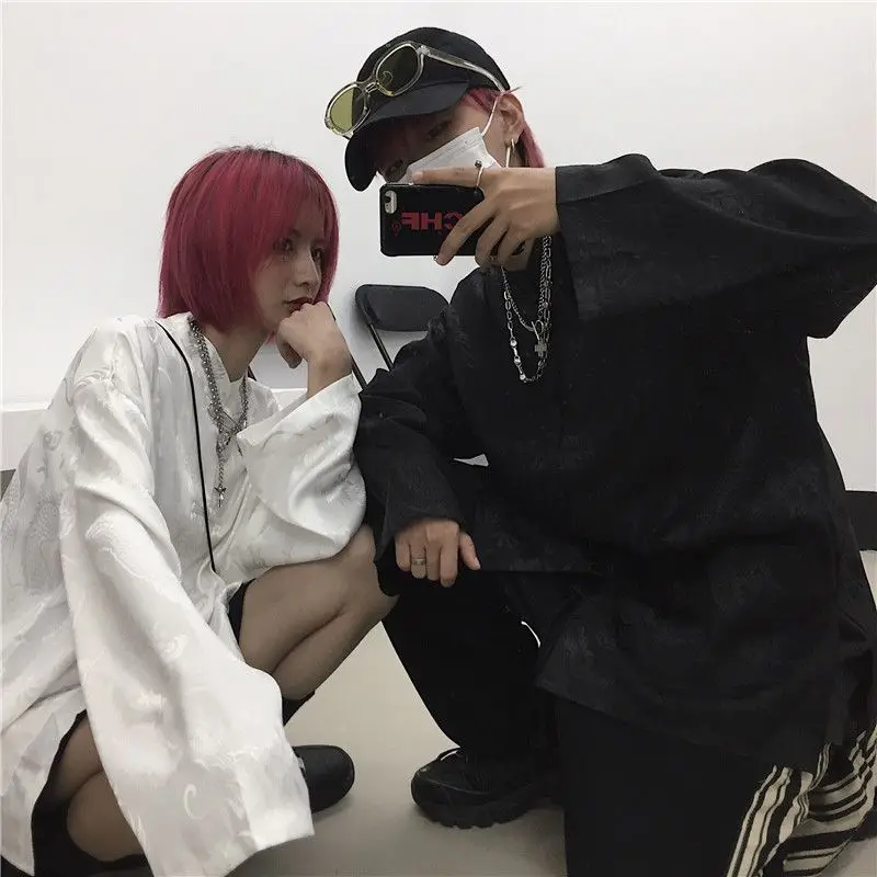 Chinese Style Tang Clothes Long Sleeve Tops Men Women Streetwear Satin Shirt Vintage Button Down Kong Fu Blouse Streetwear