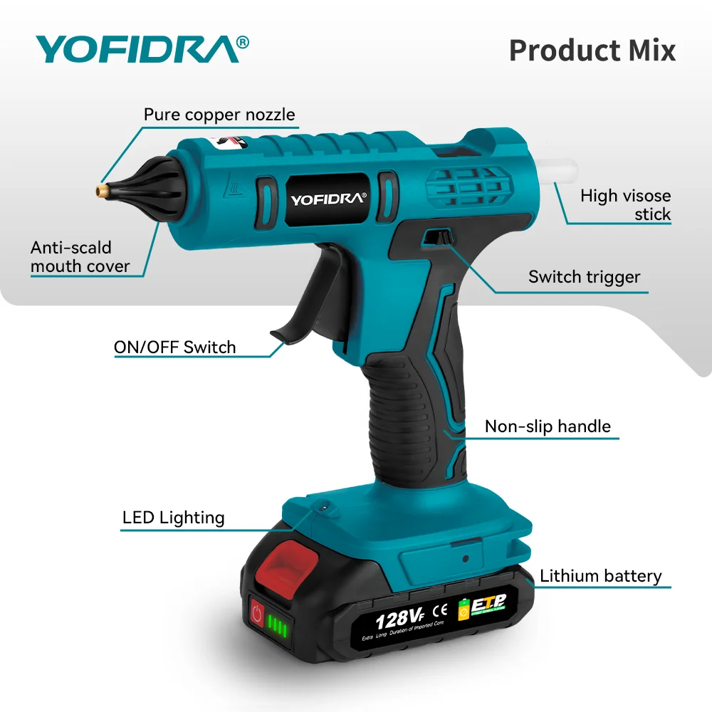 YOFIDRA Hot Melt Glue Gun Cordless Rechargeable with 10pcs 11mm Glue Sticks DIY Repair Power Tool For 18V-21V Battery