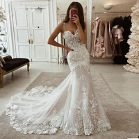 Ivory Mermaid Wedding Dresses Lace Appliques Tulle Bridal Gowns with Court Train Sweetheart Straps Vintage Wedding Gowns 2023 1