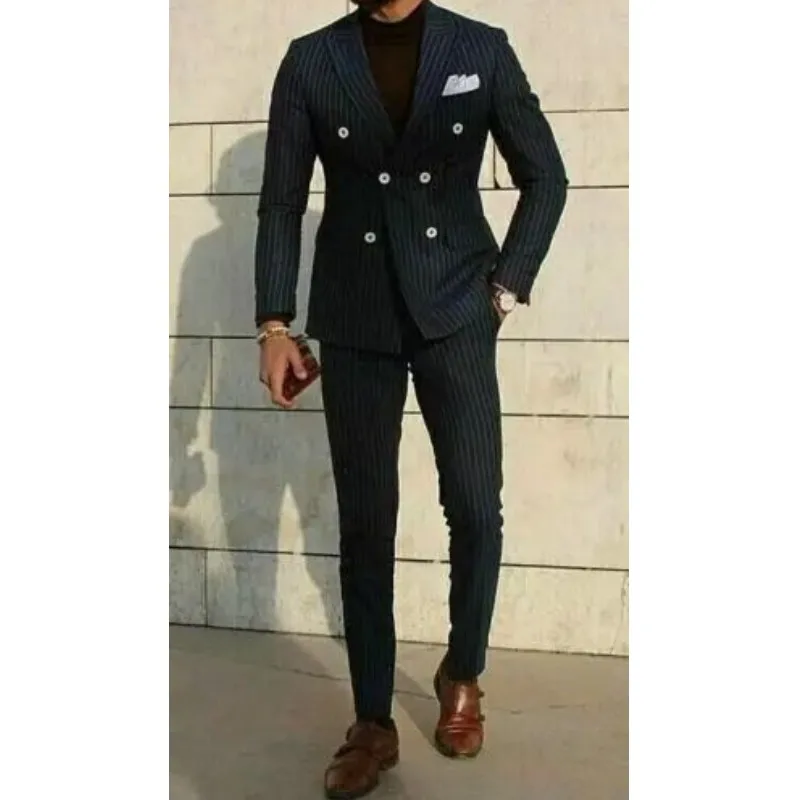 Men's 2 Piece Suit Striped Shawl Collar Wedding Groomsmen Costume Men Dinner Tuxedo Double Breasted Coat Jacket Pants