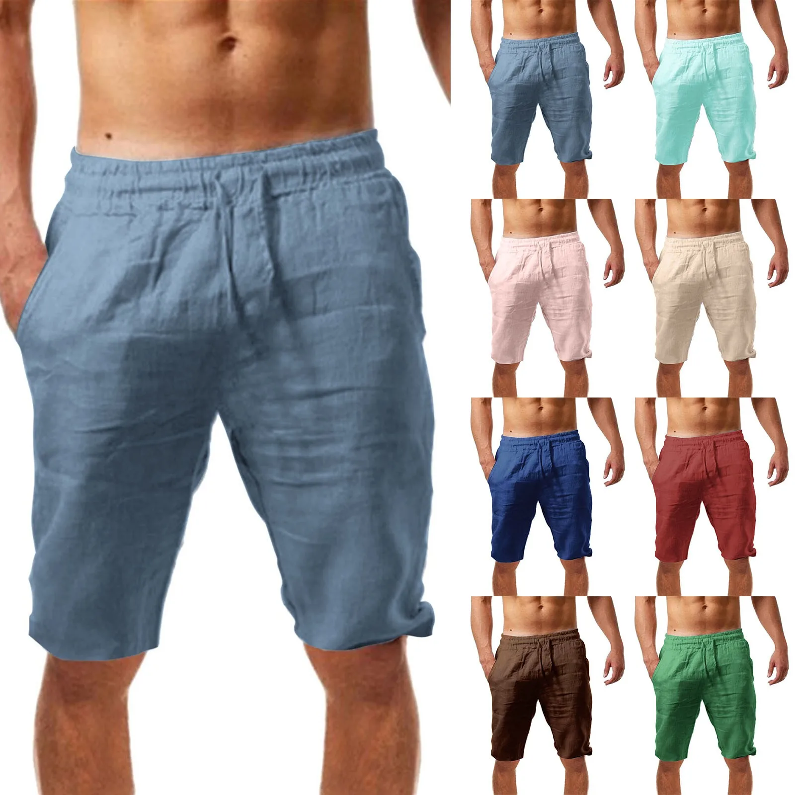 

Cotton Linen Shorts Men Cropped Trousers Summer Pants Breathable Solid Color Linen Trousers Fitness Streetwear Sweatpants Trunks
