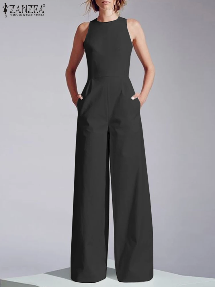 ZANZEA Elegant Sleeveless Long Rompers Women Waisted Playsuit Casual 2023 Summer Jumpsuits Office Lady Wide Leg Pant Overalls