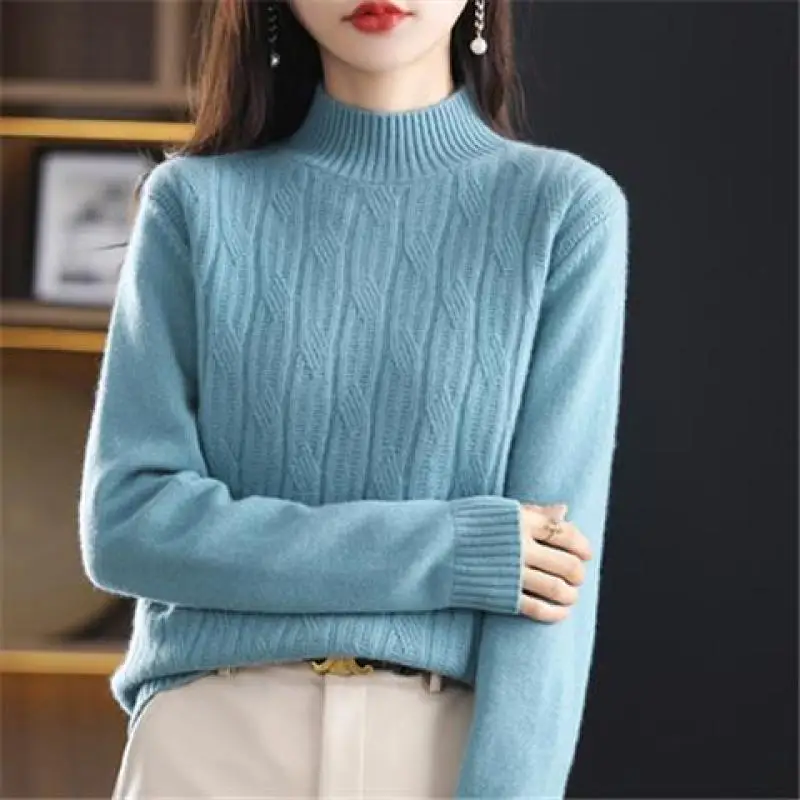 

Half High Collar Fried Dough Twists Sweater for Women in Autumn Winter New Style with Fashion Underlay Loose Thickened Knitwear