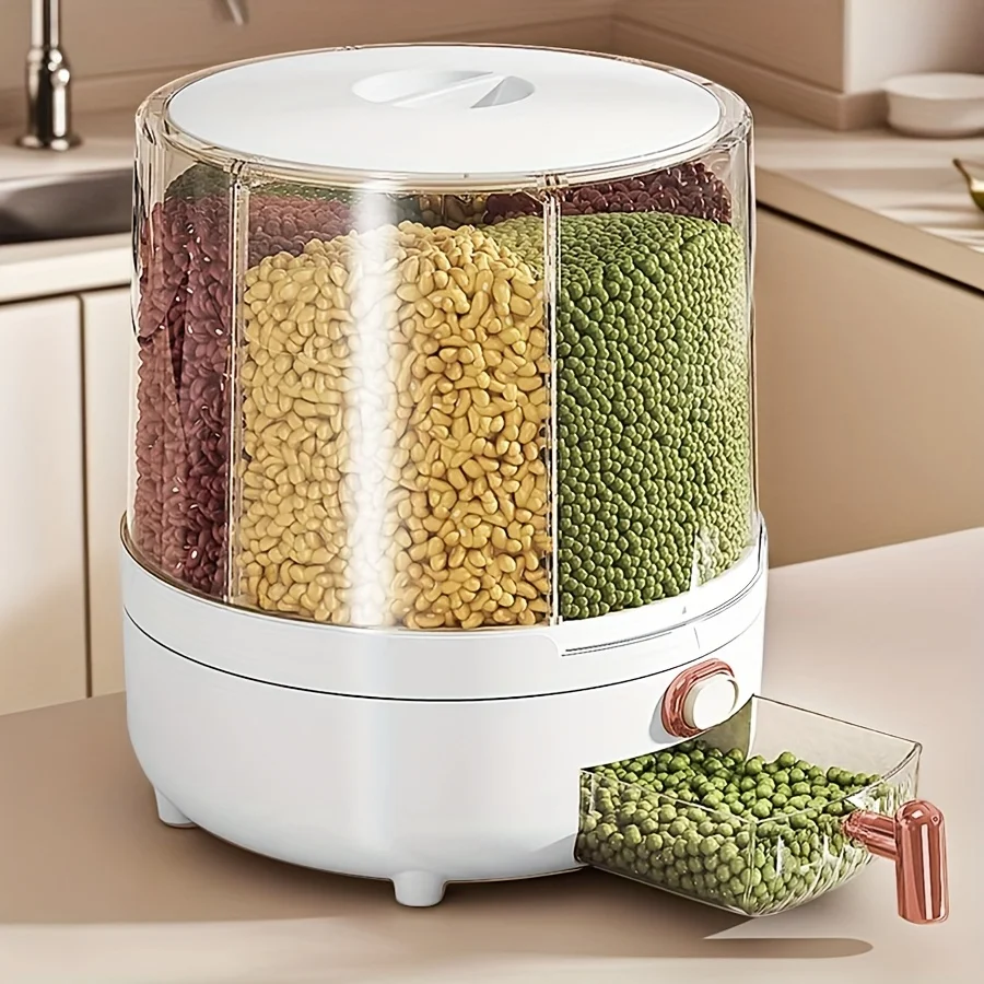6-Compartment 360° Rotating Airtight Container Moisture Proof Cereal Candy Rice Pantry Household Storage Practical Holder Gadget
