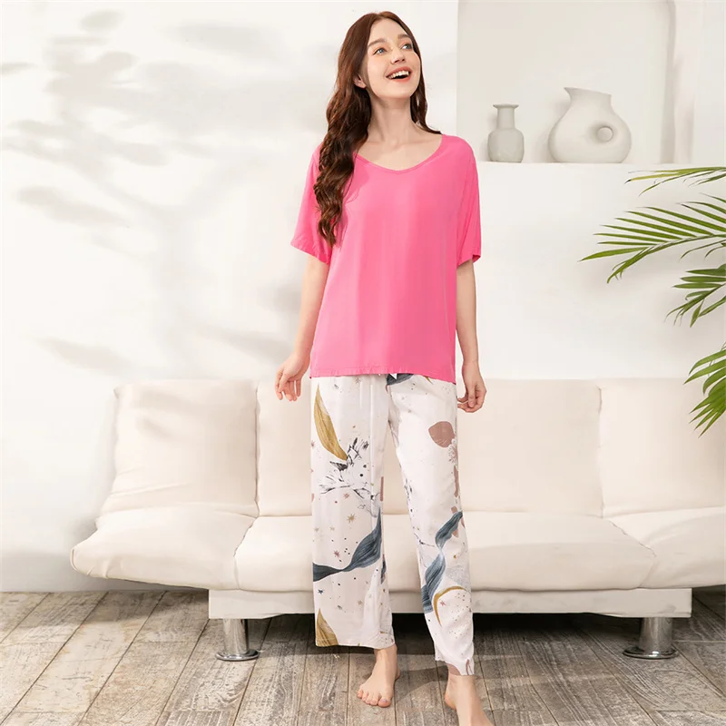 Summer Women's Thin Cotton Silk Pajamas Short Sleeve Pants Floral Home Clothing Set Oversized Casual Comfortable Nightwear