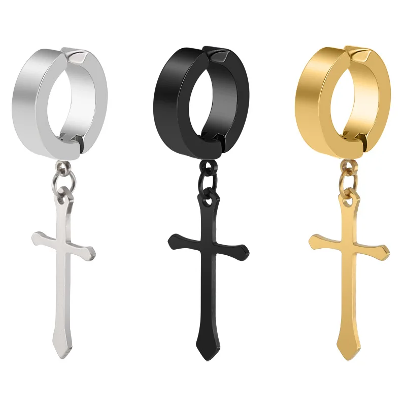 Fashion Titanium Steel Cross Ear Clip Earrings For Men Women Stainless Steel Punk Black Single Earring Fake Earrings Jewelry 2