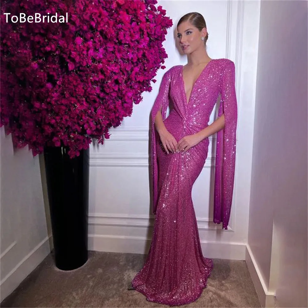 

ToBeBridal Sparkling Sequin Formal Prom Dresses Deep V-Neck Long Sleeved Slim Fit Mermaid Celebrity Party Dress فساتين السهرة