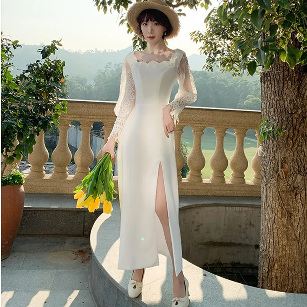 

High Side Split Wedding Dress Stylish Square Collar Illusion Long Sleeves Zipper Back Elegant Satin Beach Bridal Gown SWD287