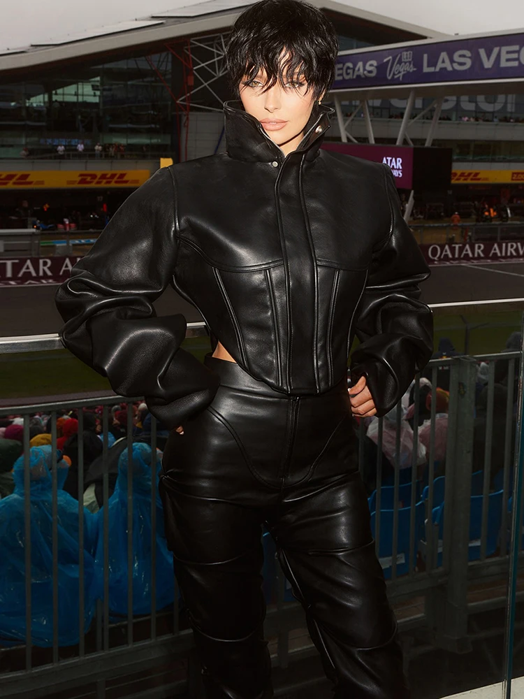 Nibber Hottie Crop Jacket Women Turtleneck Pu Irregular Zip Button Full Sleeve Wild Sexy Street Midnight Autumn Hipster Coat