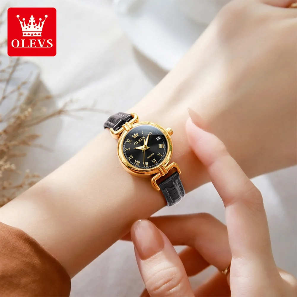 OLEVS 5645 Retro Quartz Wristwatch For Women Leather Strap Elegant Fashion Waterproof Watches Luxury Gold Case Ladies Watches