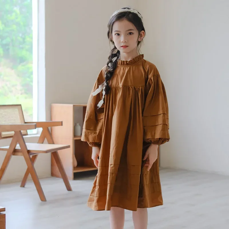 

ZHIO Fits Larger Than Usual Girls Cotton Dress 2024 New Teen Girl Midi Dress Ruched Children Brown and White Clothes Cute,#7801