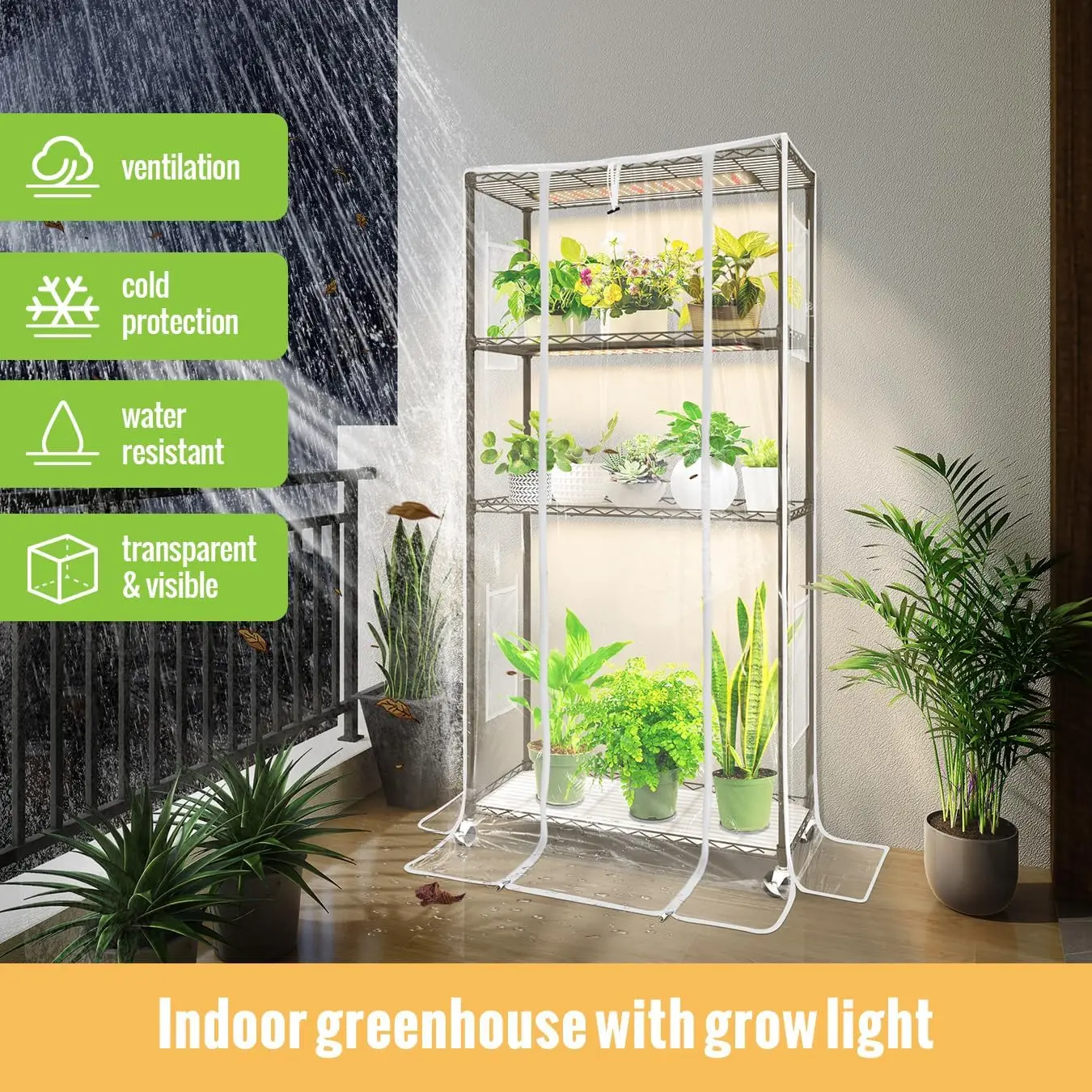 Indoor Greenhouse with Grow Light and Shelves - 4 Tier Plant Stand with Grow Light, Zippered PVC Cover and 3 Dimmable 1.8FT