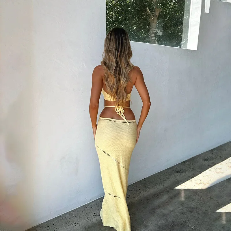 Women Beach Long Dress 2024 Sexy Hollow-Out Solid Color Sleeveless Bikini Cover-Ups Backless Holiday Dress