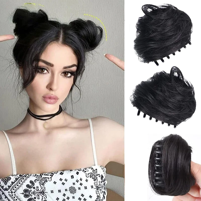 2 pieces of space bun hair extensions wigs messy curly hair donuts synthetic buns women's and girls' accessories