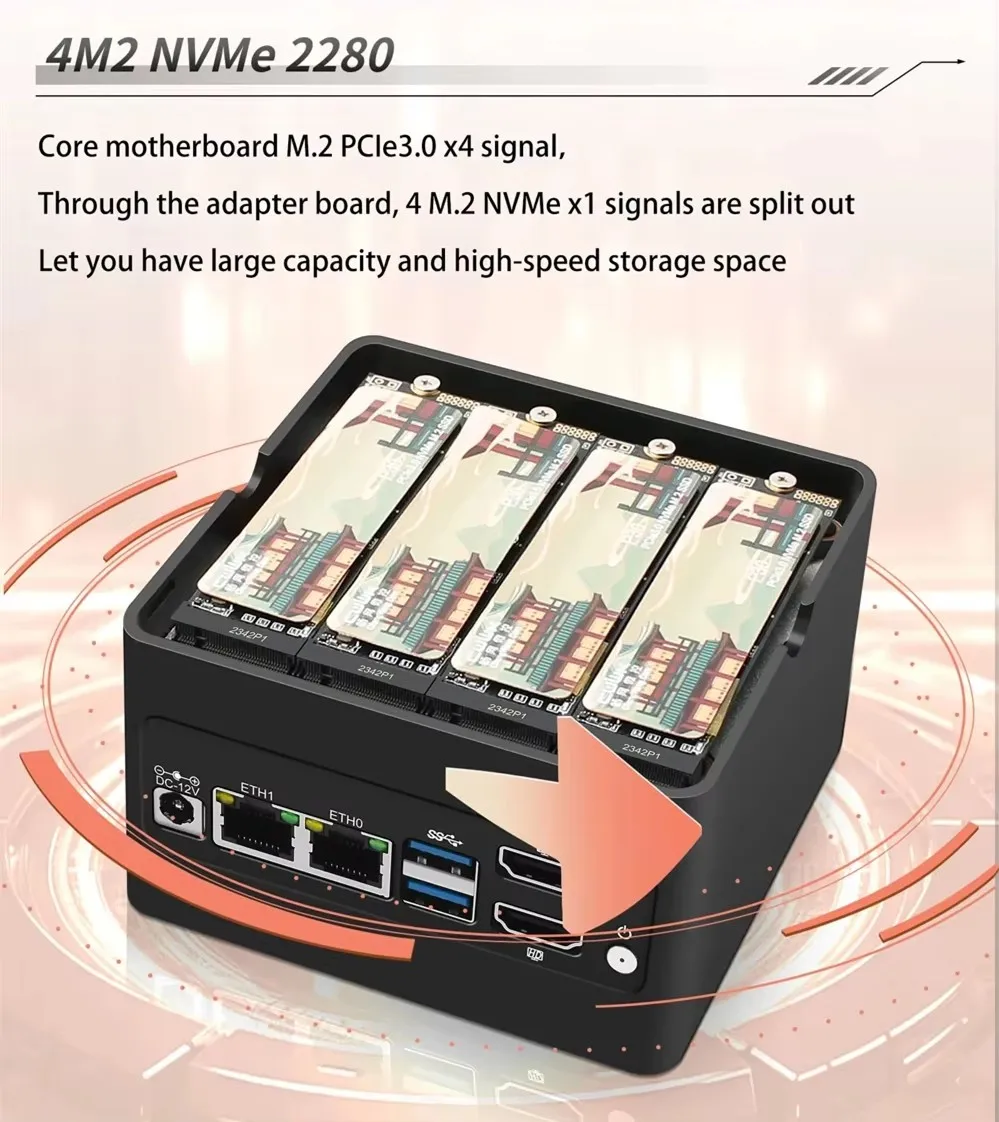 New Pocket NAS 4xM.2 NVMe Board 12th Gen Firewall Mini PC Intel i3 N305 N100 2xi226-V 2.5G Soft Router DDR5 4800 2xUSB3.2 2xHD 2
