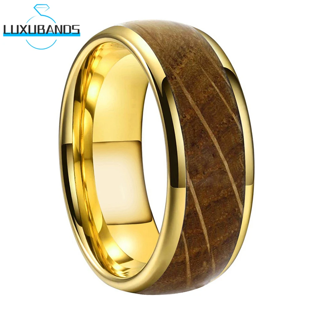 

Gold Tungsten Carbide Ring For Women Men Whiskey Barrel Wood Inlay Rose Black Domed 8mm Polished Finish Comfort Fit