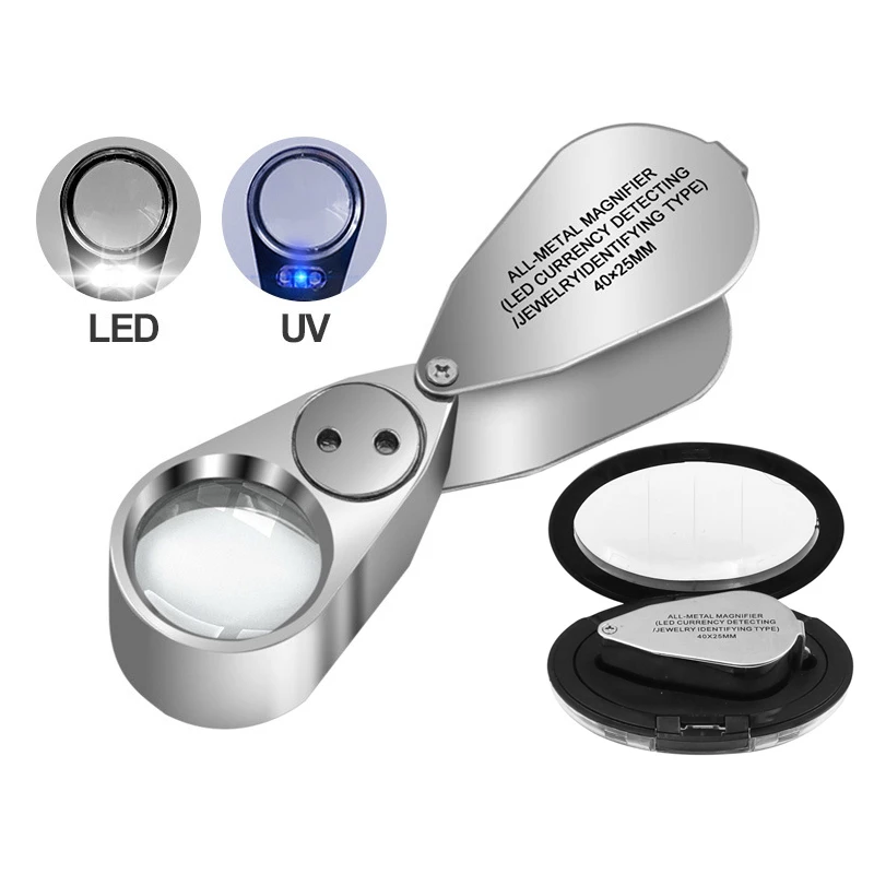 

Складная металлическая Лупа 40x25 мм, лупа для ювелирных изделий, увеличительное стекло, портативная ручная лупа для глаз, увеличительная лампа, УФ-лампа