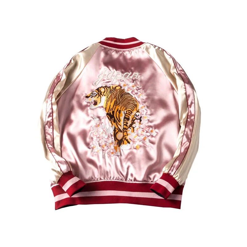 

Spring Autumn Two Sides Wear Luxury Tiger Embroidery Jacket Womens Smooth Satin Baseball Casual Coats