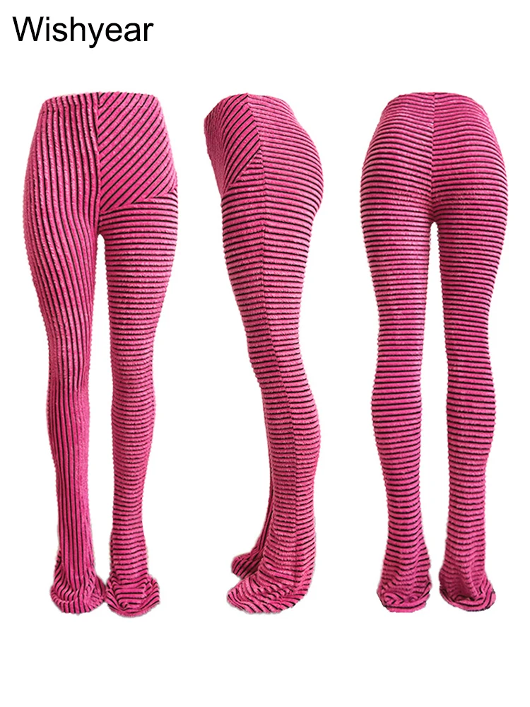 Mode Blau Streifen Plüsch Gestapelt Hosen Frauen Verkauf Hohe Strecth Schlank Sport Flare Hosen Herbst Y2K Weibliche Streetwear Jogginghose – Detail 5