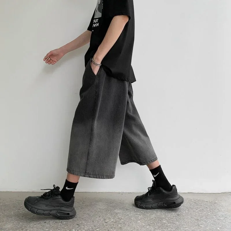 Men's Gradient Denim Cropped Pants Wide-leg Straight Loose Jeans Calf-length Pants men jeans denim pants