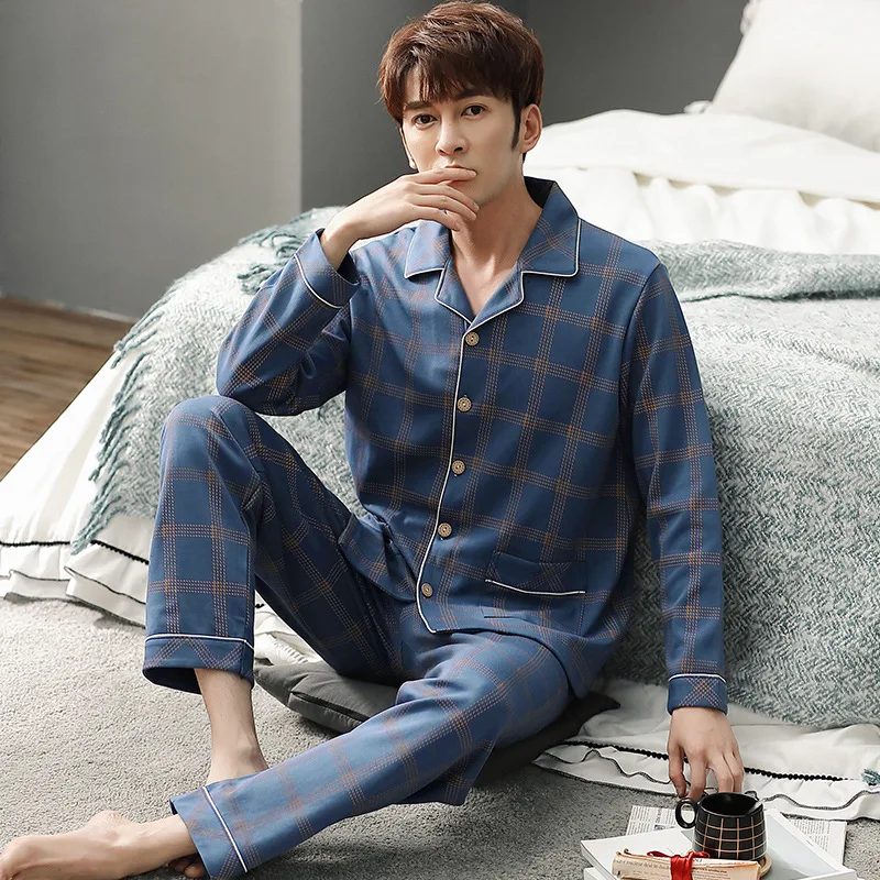 Spring Autumn Men's Pure Cotton Pajamas Lapel Long Sleeve Cardigan Pants Oversized XL Loose Casual Plaid Home Clothing Set spring autumn leisure plaid women pajamas set autumn pure cotton long sleeve ladies home wear trousers ins style nightgown set