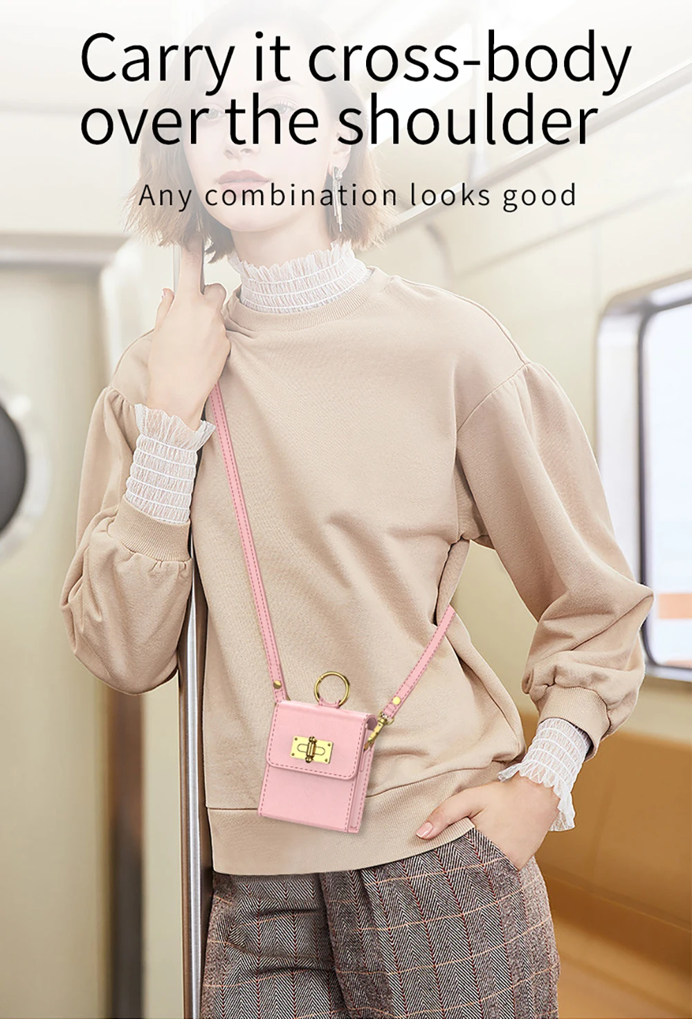 Mini Shouldr for Samsung Galaxy Z Flip 5 Plain Lathr Chain Lanyard Bag With Ultra Thin Ring Phon_voghion.com