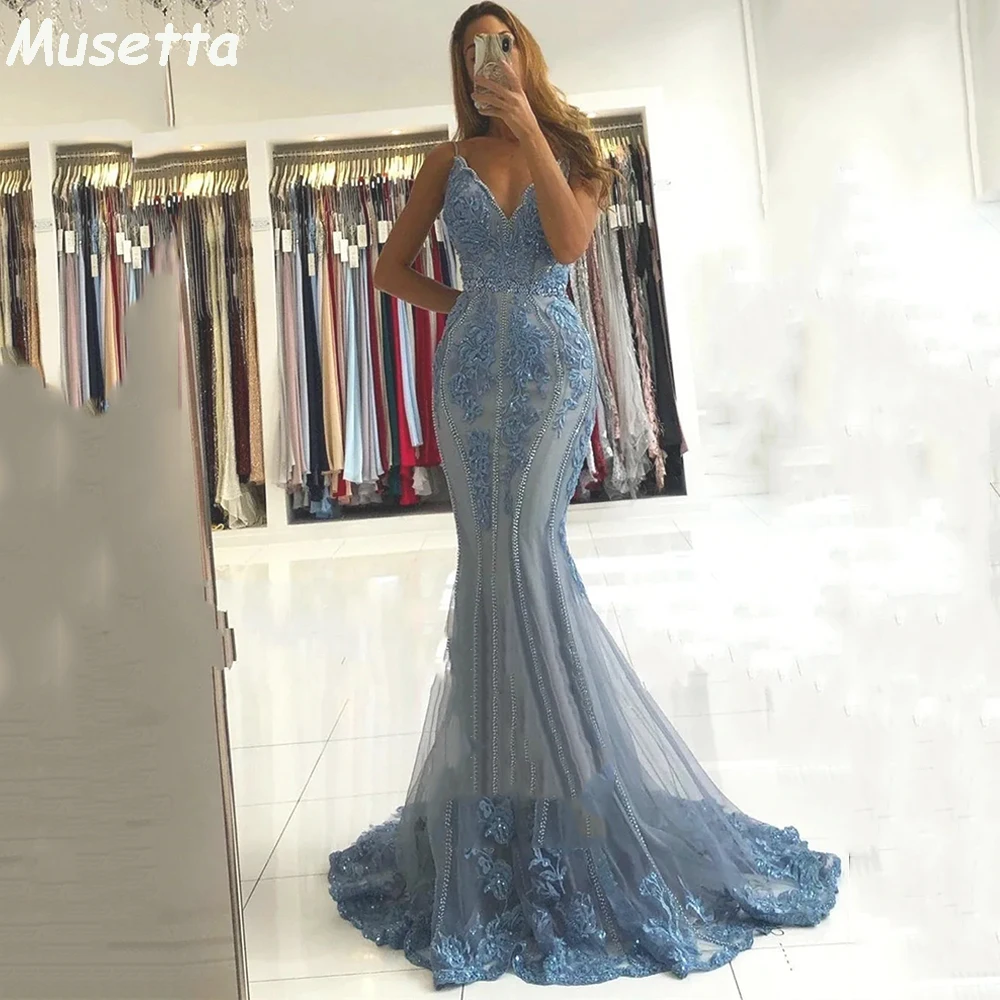 

Musetta V Neck Lace Mermaid Evening Dresses Spaghetti Straps Appliqued Backless Beading Elegant Long Formal Occasion Party Gowns