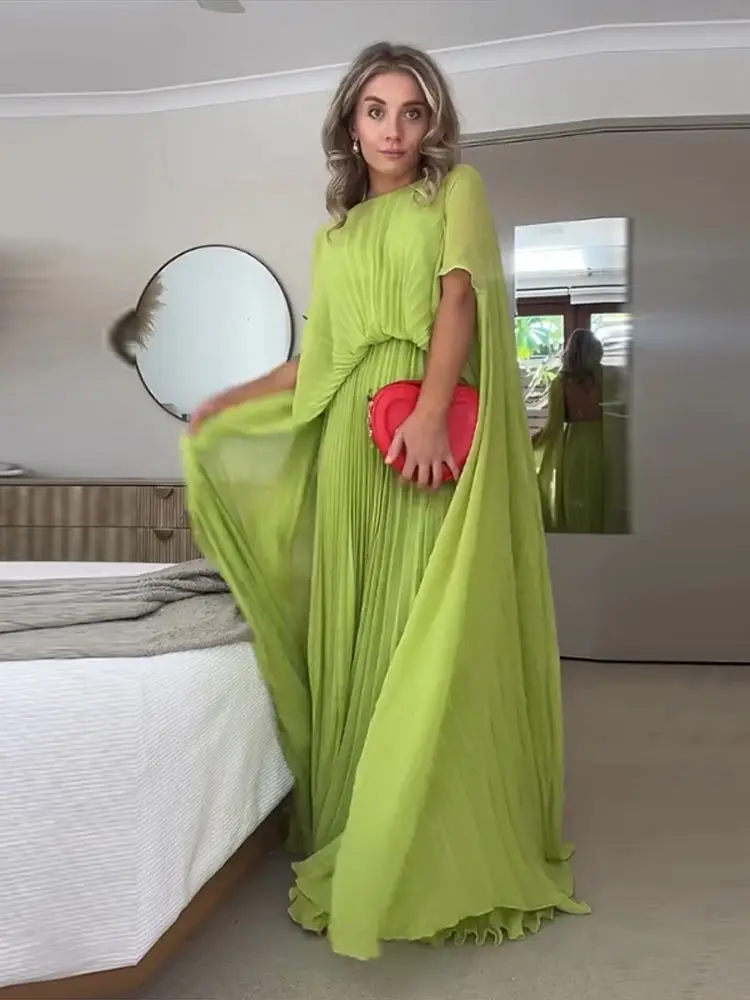 Casual Pleated O-neck Long Dress Women Retro Loose Backless Short Sleeve  Large Hem Party Dresses Female 2025 Chic Street Vestido - AliExpress  200000345