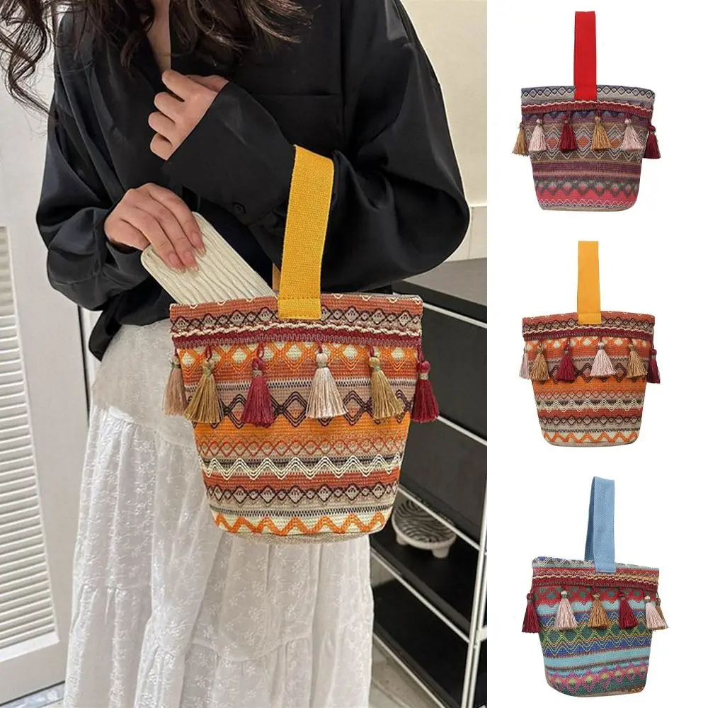 

Tassel Ethnic Style Tote Bag Retro Embroidery Stripe All-match Colorful Shopping