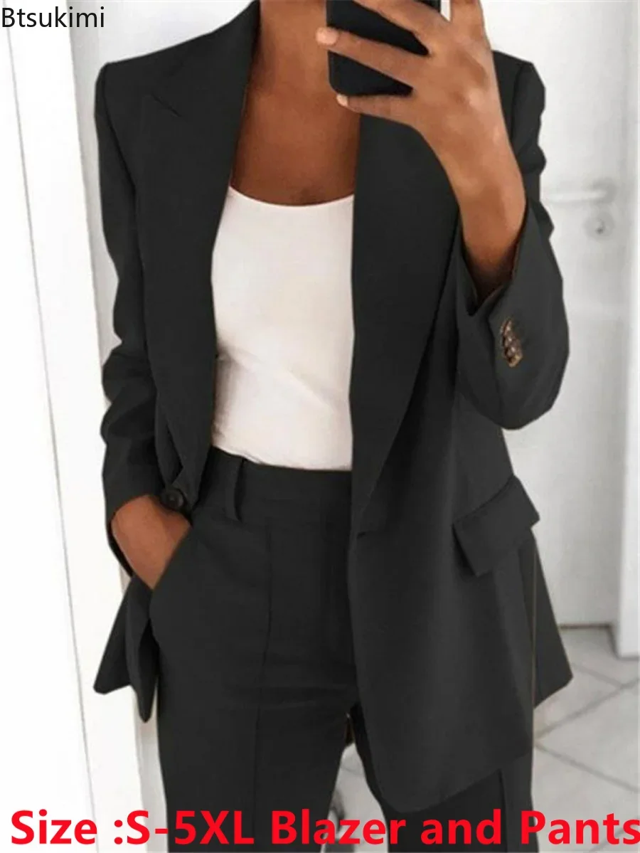 2024Women's Solid Blazers Jacket and Pants Sets 2PCS Slim Fit Formal Office Ladies Elegant Clothing Set Two Pieces Oversized 5XL