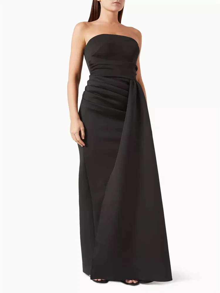 

New Arrival Strapless Neckline Satin Straight Evening Dress Sexy Open Back Floor Length With Side Tail High Slit Gown For Women