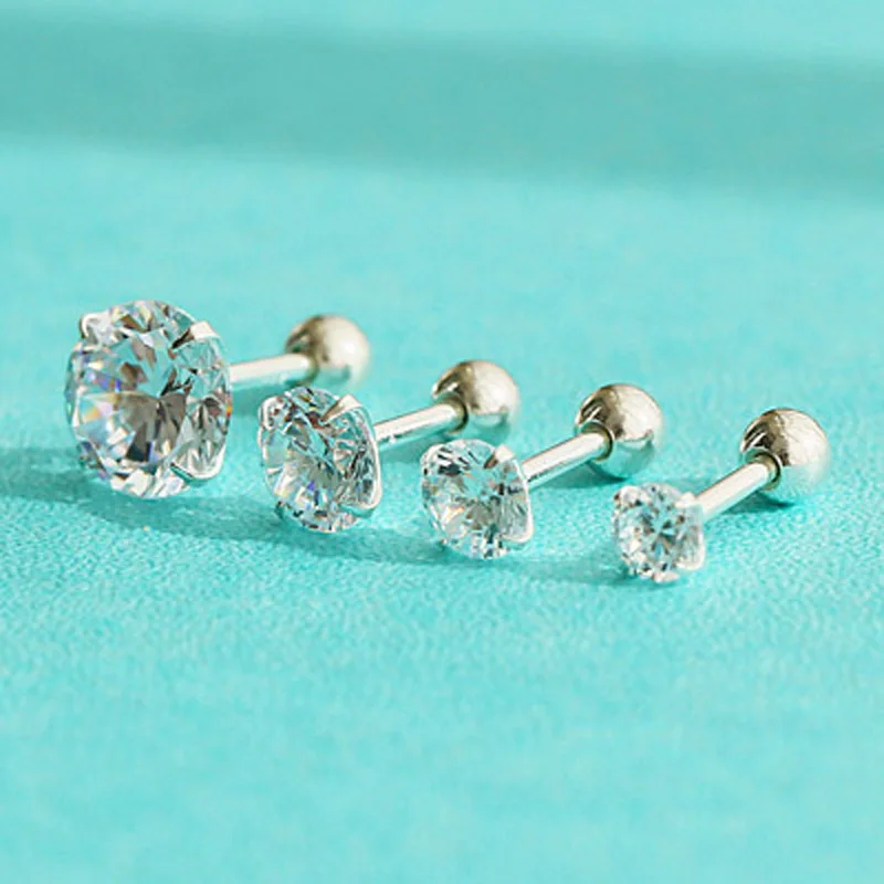 Silver Earrings Silver Stud Earrings 1Pair 925 Sterling Silver Bead Screw Stud Earrings for Women Men Simple 3-6mm Round Cubic Zirconia Ear Body Piercing Jewelry