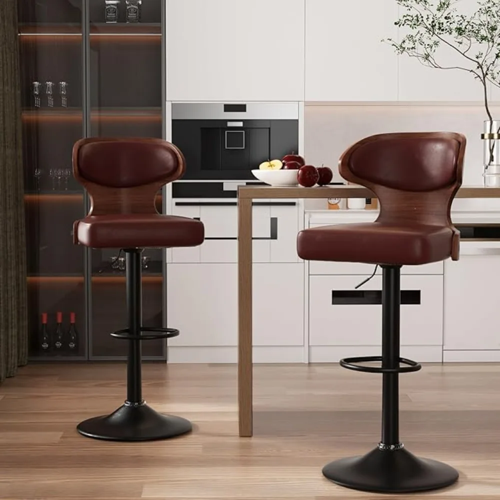 Set of 2 Seat Adjustable Height 24.5-33.5IN Bentwood Swivel Barstools with Back & Footrest-PU Leather Upholstered Bar Chair, bar chairs