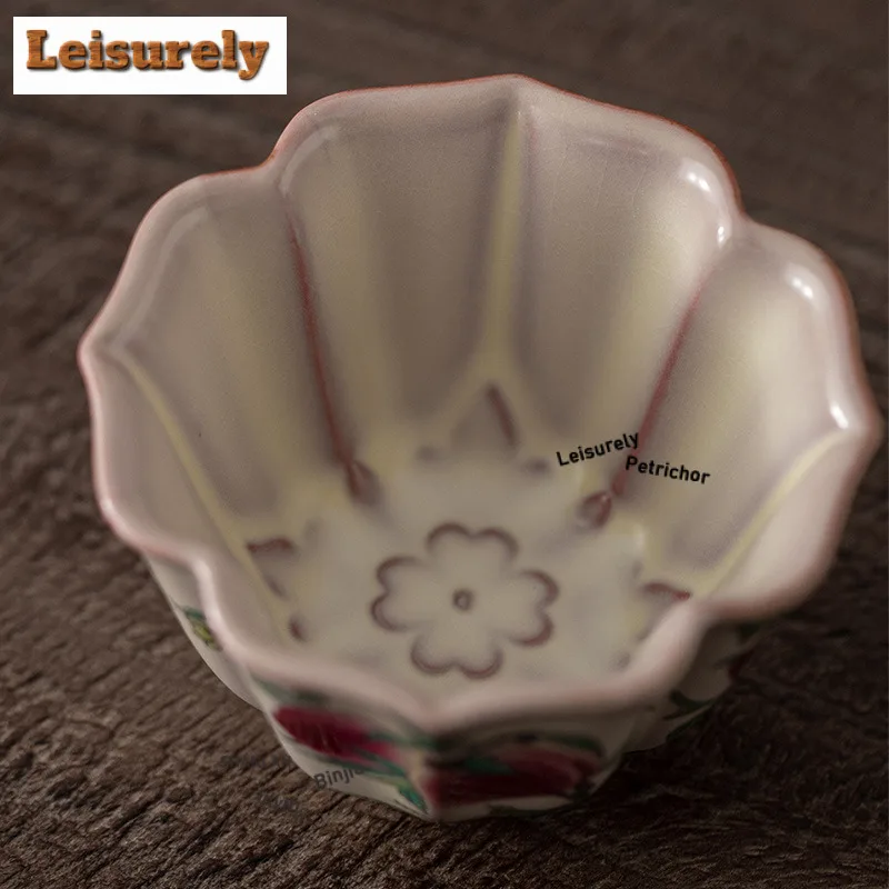 Hand Painted Nine Peach Ru Kiln Flower Mouth Teacup Ancient Tea Bowl Jug Tea-tasting Meditation Cup Jianzhan Master Cups Craft