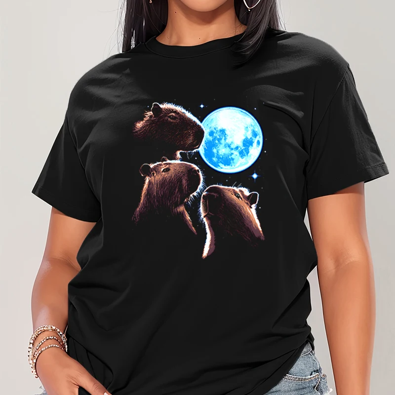 

Funny Graphic Shirt Women Tee Printing Three Capybara Moon Funny Capybara Shirts Short Sleeves Casual High Street Tshirts Female