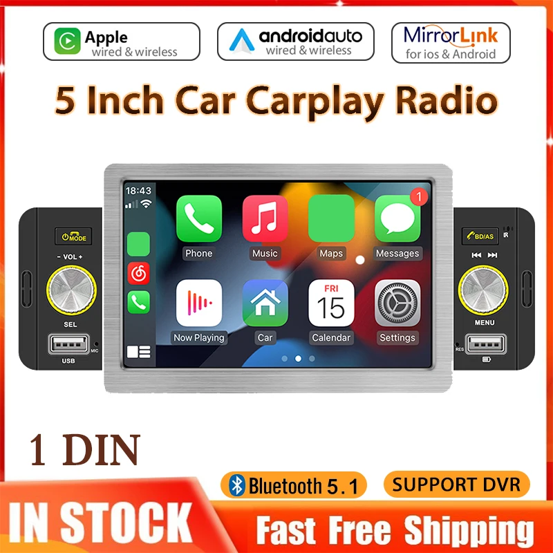 5CarRadio1DinCarPlayAndroidAutoCentralMultimediaPlayerHD