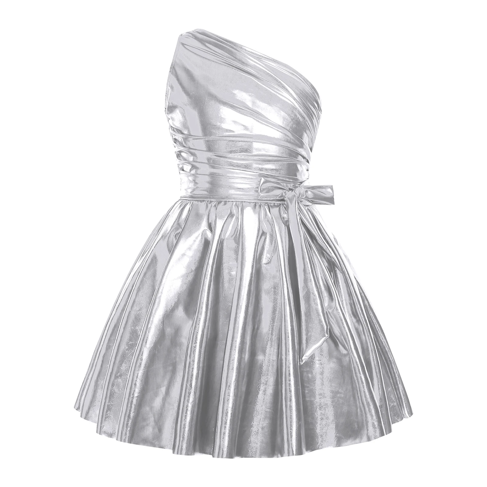Mädchen Metallic Glänzendes Swing-Kleid Tanz-Performance-Kostüm Einschultriges Kleid Gerafftes Oberteil Puffärmel A-Linien-Saum Trikotkleid – Detail 11
